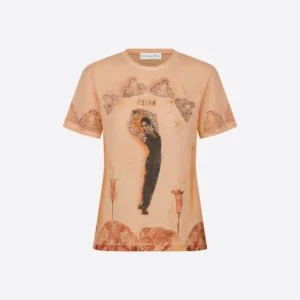 Beige Cotton Jersey and Linen with Fuego Motif T-SHIRT