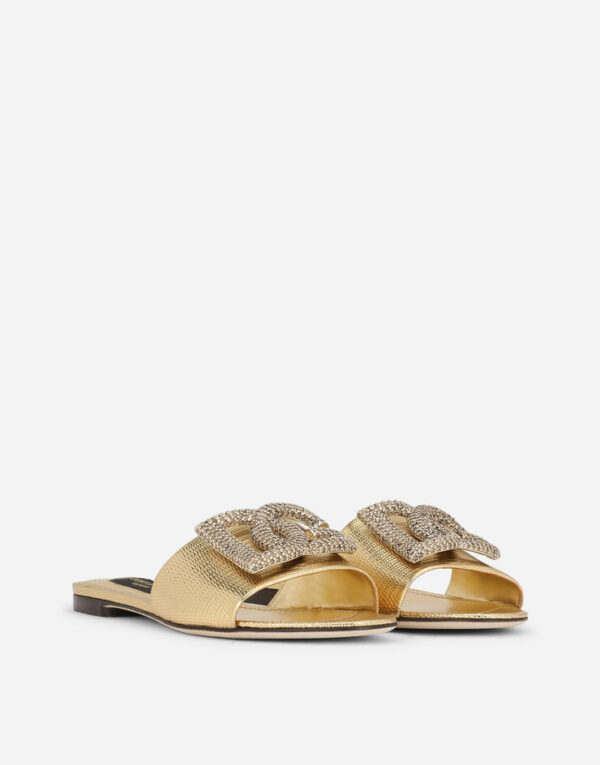 Foiled iguana-print calfskin slides with rhinestone-detailed DG logo