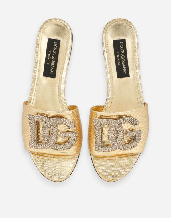 Foiled iguana-print calfskin slides with rhinestone-detailed DG logo - Image 4