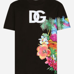 Cotton round-neck T-shirt with Hawaiian print
