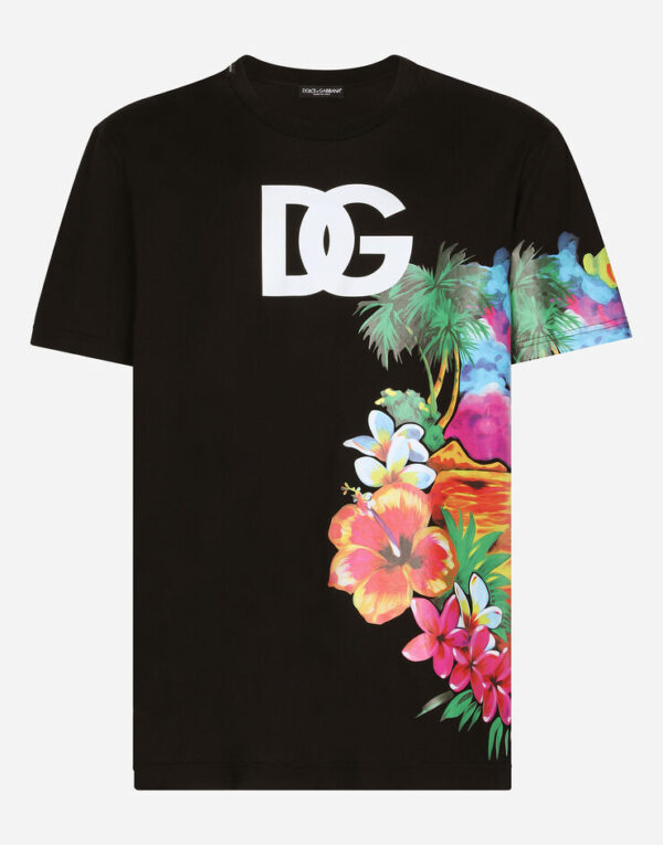 Cotton round-neck T-shirt with Hawaiian print