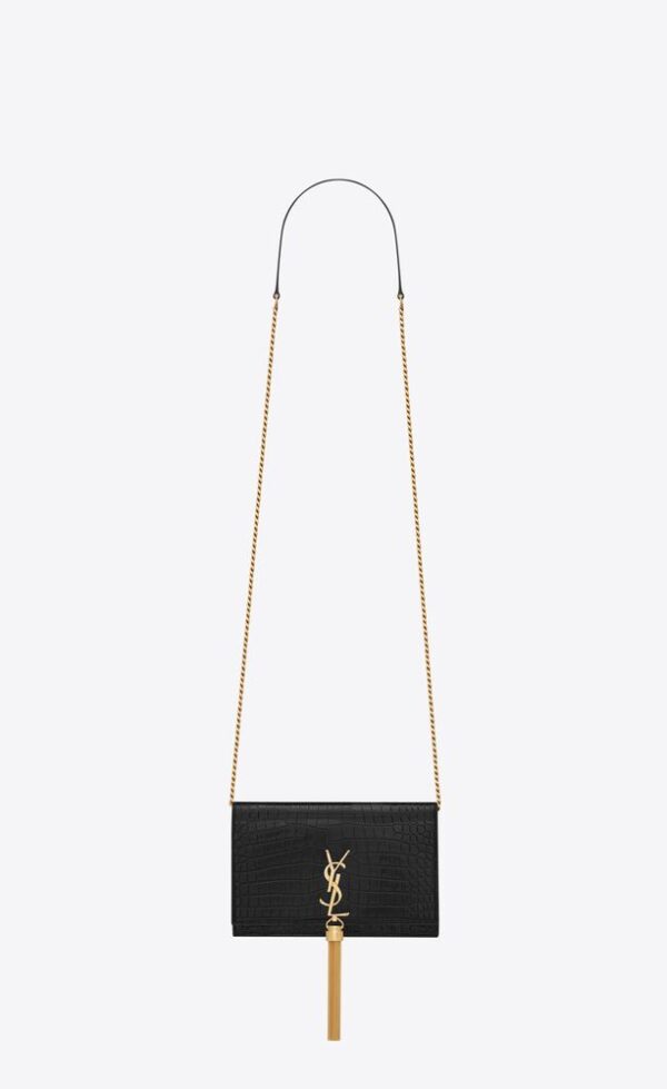 KATE CHAIN WALLET WITH TASSEL IN CROCODILE-EMBOSSED SHINY LEATHER